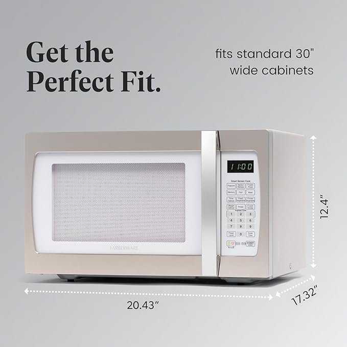 Farberware 1.3 Cu. Ft. Countertop Microwave Oven – 1100 Watts Power, Smart Sensor Auto Cook Settings, Defrost, Easy Clean and Child Safety Lock - White Platinum