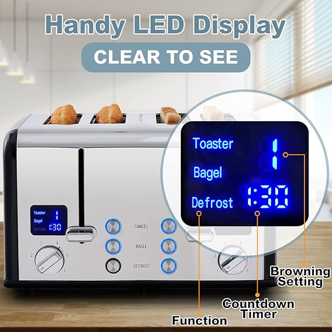 CUSIMAX 4 Slice Toaster, Stainless Steel, Ultra-Clear LED Display & Extra Wide Slots, with Dual Control Panels of 6 Shade Settings, Cancel/Bagel/Defrost Function, Removable Crumb Trays, Black