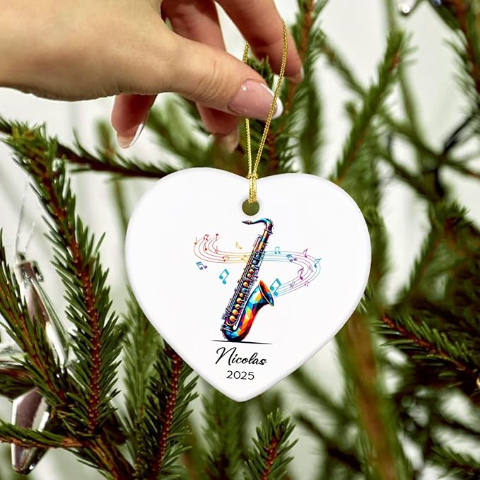 Saxophone Lovers Ceramic Ornament 2025, Personalized Saxophone Christmas Ornaments Gifts for Saxophonist, Musical Instrument Player Ceramic Ornament Xmas, Custom Name & Year Saxophonist Decoration