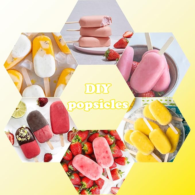 Sakolla 4 Pcs Silicone Popsicle Molds with Lid & 50 Pcs Wooden Popsicle Sticks, Stackable Classic Oval Ice Cream Molds for Homemade Ice Pop, Cakesicles, Freezer Yogurt and Fruit Juice (Multicolor)