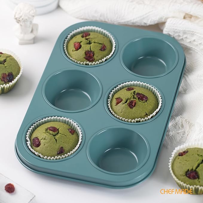 CHEFMADE Muffin Pan, 6-Cavity Non-Stick Cupcake Baking Pan Heavy Duty Carbon Steel Pan Muffin Tins Standard Baking Mold for Cakes（Green）