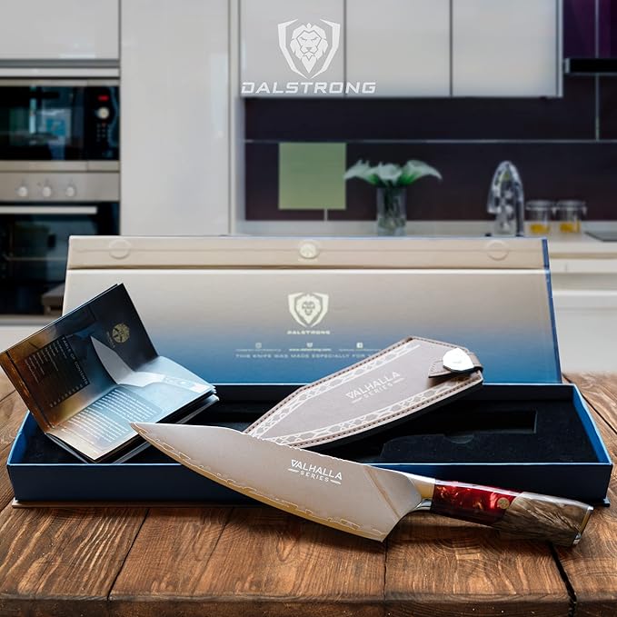 Dalstrong Chef Knife - 8 inch - Valhalla Series - 9CR18MOV HC Steel Kitchen Knife - Red Resin & Wood Handle - Razor Sharp Kitchen Knife - Cooking Knife - Chef's Knife - w/Leather Sheath