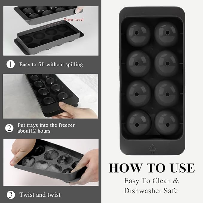 Round Ice Cube Mold,8 PCS x 1.8 in Whiskey Ice Cubes,Circle Ice Cube Tray with Lid,Large Ice Ball Maker Mold Sphere Ice Cube,Large Ice Cube Molds for Cocktails,Coffee(Round Ice Cube Mold,Black