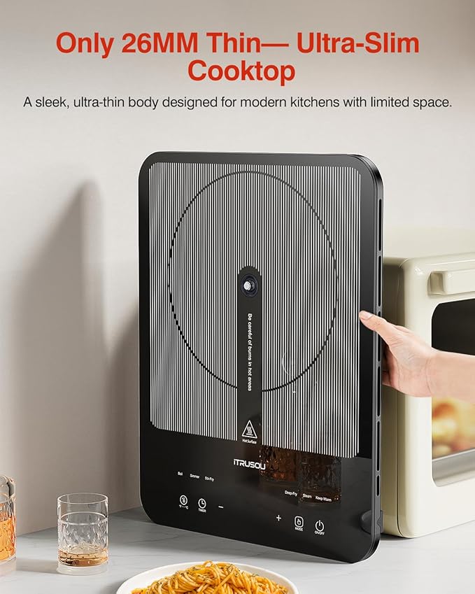 Portable Induction Cooktop, 1°C Precision Control, Dual Temp Display, 1L Boils in 4 Mins, Ultra-Slim 26mm Burner, 6 Cooking Modes, 3-Hour Timer, Glass Surface, for Magnetic Cookware Only