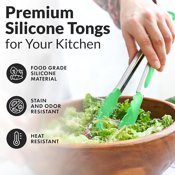 Zulay Stainless Steel Kitchen Tongs with Silicone Tips - Set of 2 (9” & 12”) Locking Cooking Tongs with Non-Slip Grip - Heat Resistant, BBQ Food Tongs for Non-Stick Cooking Pans (Silver/Light Green)