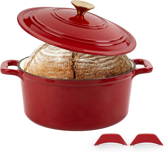 Enamel Cast Iron Dutch Oven with Lid, Round Casserole Pot for Bread Baking, Braising, Roasting, and Stews, Heavy-Duty, Oven Safe, Induction Compatible (4.7QT,Red)
