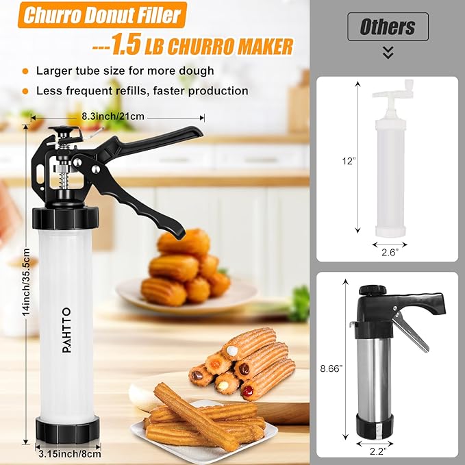 Churro Maker Kit, Hollow Churro Machine, Churro Maker Gun with Piping Bag and 2 Cleaning Brushes, 5 Nozzles for Various Shapes, Máquina para Hacer Churros, Perfect Gift