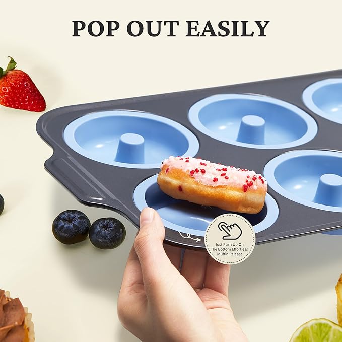 BRONYPRO Silicone Donut Pan for Baking with Metal Frame, 3.35 Inch Large doughnut pan,donut molds for baking Nonstick Non Toxic Bakeware for Oven,Blue