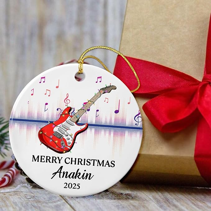 Customized Year Text Name Guitar Bass Player Ornament Gift for Daughter Son Husband Wife Dad Mom, Personalized Guitar Bass Instrument Christmas Ornament 2025, Guitarist Appreciation Ceramic Ornaments