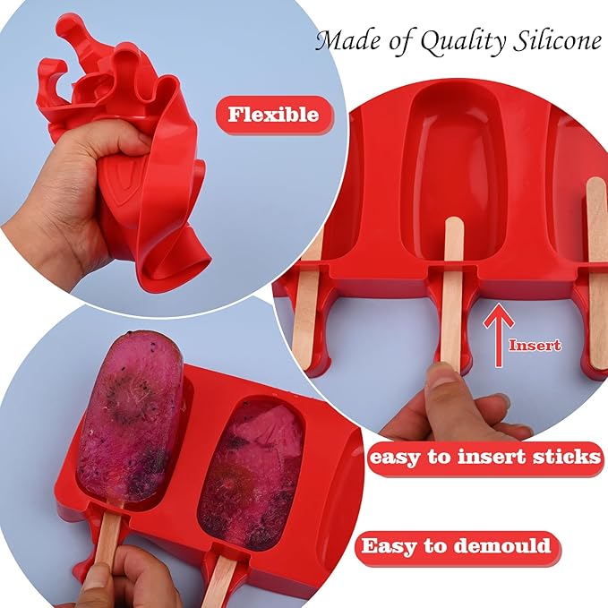 WMKGG Popsicle Silicone Molds Set, 2 PCS Ice Cream Molds with 50 Wooden Sticks for Cake Pop, Ice Pop, Cakesicles (Standard Size/Red)