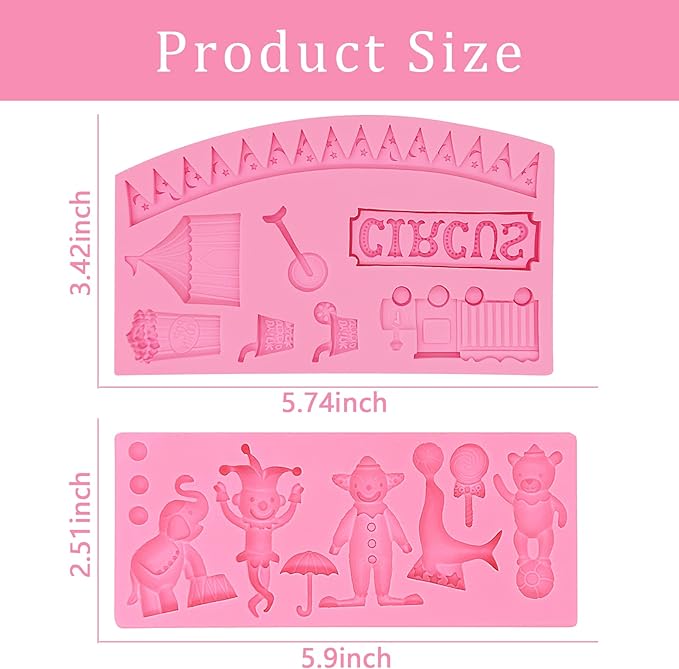 Circus Fondant Molds, Clown Elephant Silicone Molds, Bus Kitchen Baking Tools (2 Pcs) for Cake Decorating, Cupcake Toppers, Candy Chocolate, Cookies, Mousse, Bread, Polymer Clay, Epoxy, Birthday Party