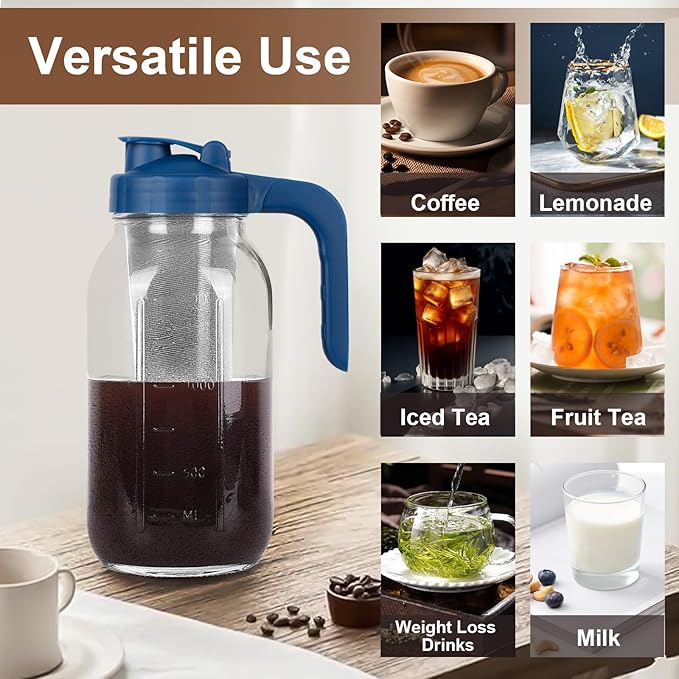 Cold Brew Coffee Maker Pitcher,64 Oz Heavy Duty Glass Mason Jar Pitcher with V-shaped Pour Spout Handle Lid,Stainless Steel Filter for Iced Coffee,Iced tea,Fruit Drinks,lemonade - Blue