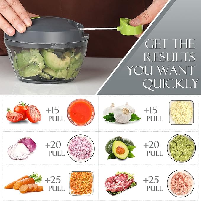 Ourokhome Manual Food Processor Vegetable Chopper, Portable Hand Pull String Garlic Mincer Onion Cutter for Veggies, Ginger, Fruits, Nuts, Herbs, etc., 500ml, Grey