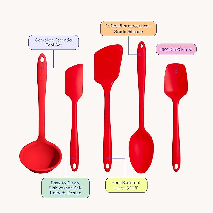 GIR: Get It Right 5 Piece Silicone Ultimate Kitchen Utensils Set - Ladle, Spatula, Flip, Spoon & Spoonula - Non-Toxic Cooking Utensils for Nonstick Cookware, Cooking and Baking - Red