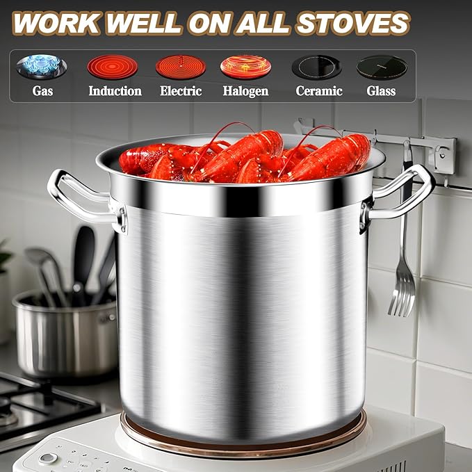 Large Cooking Pot, 35 Quart Heavy Duty Induction Soup Pot With Stainless Steel Lid Commercial Grade Stock Pot for Soup, Stew, Canning, Even Heat Distribution