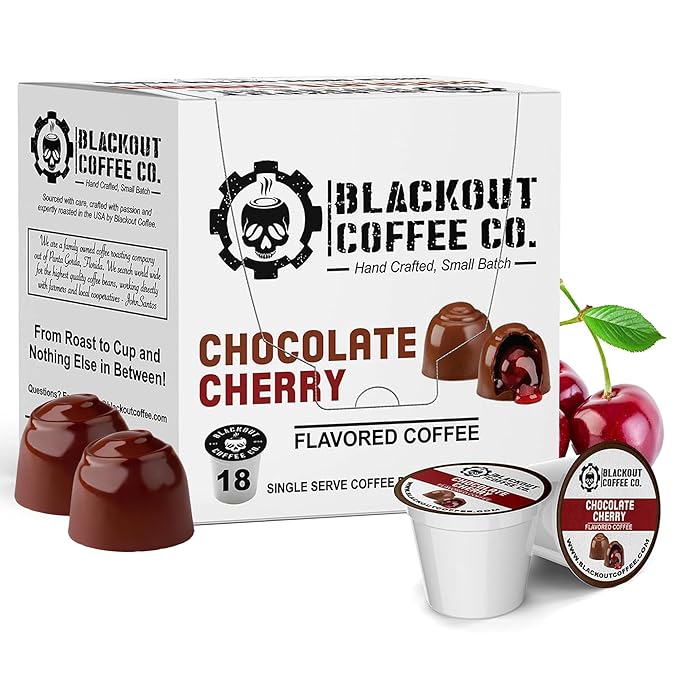 Blackout Coffee Chocolate Cherry Flavored Coffee Pods – Premium Roasted, Smooth Taste, Guilt-Free Indulgence – 18 Count Single-Serve Pods, American Made