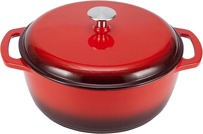 Amazon Basics Cast Iron Dutch Oven Pot with Lid, Enameled, Round, Dual Handles, Heavy-Duty, Large, 7.3-Quart, Red