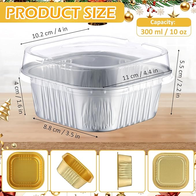 Aoriher 150 Pieces 10 oz Mini Cake Pans with Lids Aluminum Foil Baking Cups Square Disposable 4 x 4" Large Cupcake Cups Baking Tins for Kitchen Brownie Pudding Desserts Holder (All Golden,All Silver)