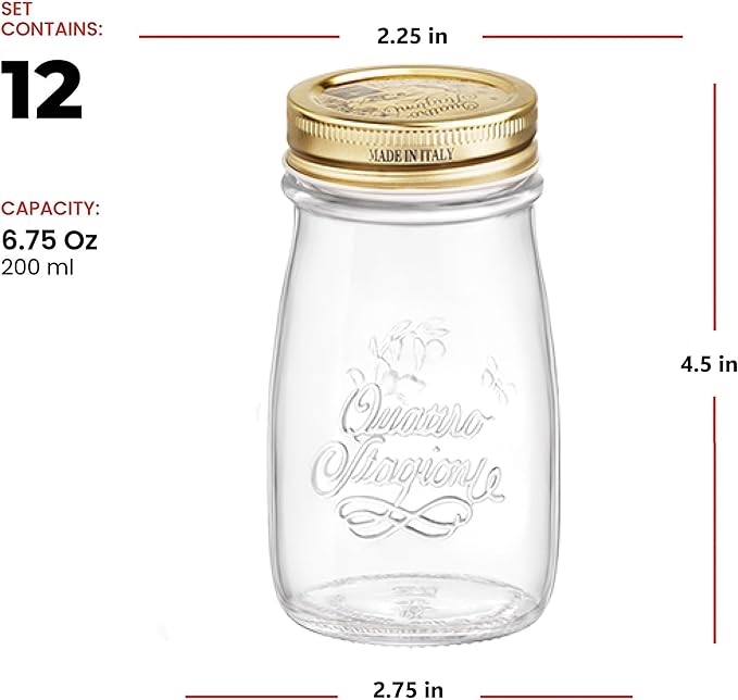 Bormioli Rocco Quattro Stagioni Bottle (Set of 12), Embossed Glass Jars with Twist Top Lid, Ideal for Canning, Dry Storage, Gift Ideas - 6.75 Oz. Glass Bottles, Dishwasher Safe - Made in Italy