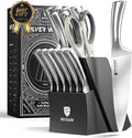 BRODARK Knife Block Set: Kitchen Knives Set with Block and Sharpener, 15 Pcs Ultra Sharp Chef knife, High Carbon Stainless Steel, Ergonomic Handle Non-Slip Grip, Silver Wolf Series for Christmas Gift