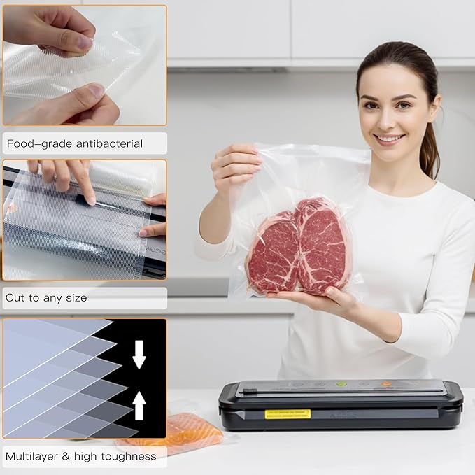 MegaWise 5 Rolls of Vacuum Sealer Machine Bags, 8 inch wide and 21.6 Feet Long for Megawise & other brand vacuum Perfect for Meal Prep and Sous Vide Cooking