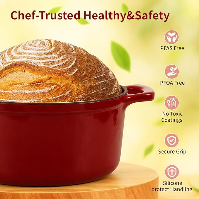 Enamel Cast Iron Dutch Oven with Lid, Round Casserole Pot for Bread Baking, Braising, Roasting, and Stews, Heavy-Duty, Oven Safe, Induction Compatible (4.7QT,Red)