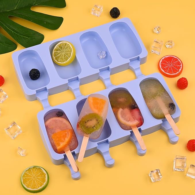 WMKGG Popsicle Silicone Molds Set, 2 PCS Ice Cream Molds with 50 Wooden Sticks for Cake Pop, Ice Pop, Cakesicles (Standard Size/Blue)