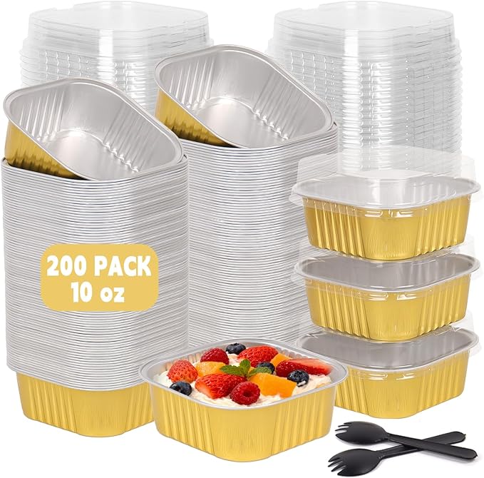 200 Pack 10 oz Gold Mini Aluminum Cake Pans with Lids and Spoons, Disposable Square Baking Cups, Oven Safe Foil Ramekins for Individual Desserts, Cupcakes, Cheesecakes Ramekins Muffin
