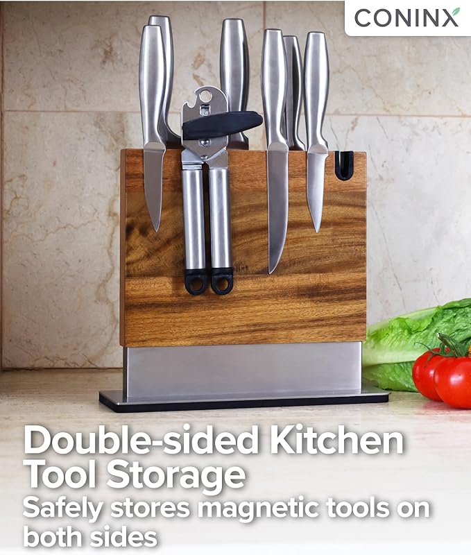 Coninx Magnetic Knife Block with Integrated Sharpener - Double Sided Walnut Wood Knife Holder - Universal Knife Stand with Non-Slip Base for Kitchen Countertop