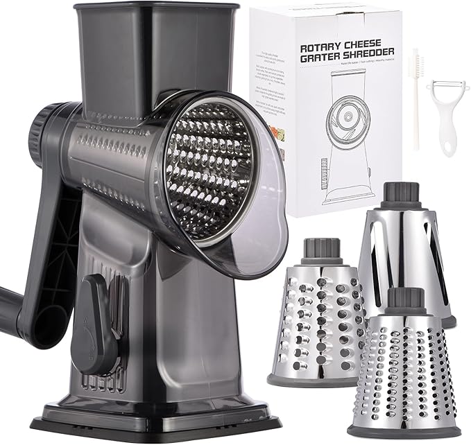 Rotary Cheese Grater with Handle Kitchen Shredder Slicer Grater Slicer Ice Shaver Cheese Vegetable Nuts Potato Zucchini Chocolate 3 Interchangeable Blades (Dark Grey TSP)