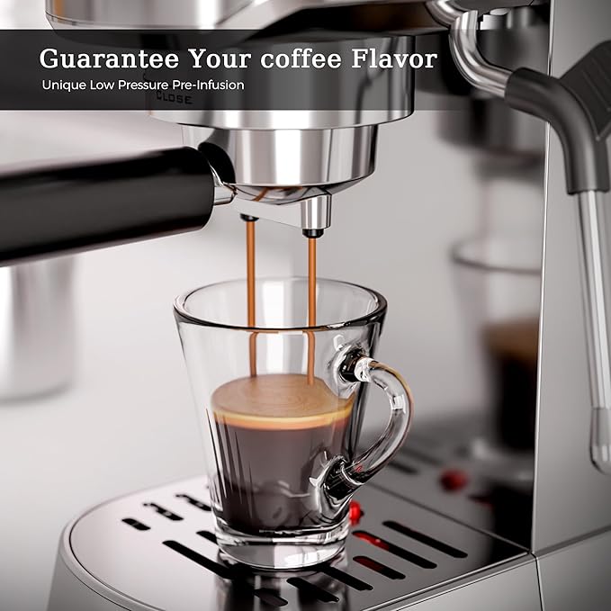 Kismile Espresso Machine, 20 Bar Espresso Maker with Milk Frother Steam Wand & 40oz Removable Water Tank, Compact Cappuccino & Latte Machine for Home, Stainless Steel