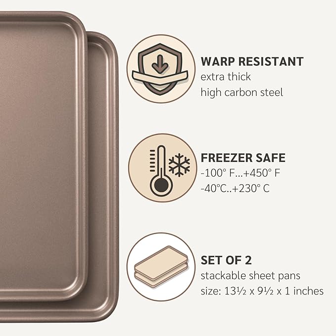 HAPPIELS Nonstick 9x13 inch Quarter Baking Sheet Set of 2 | PFOA & BPA Free Non Toxic 13x9 inches Cookie Sheets | Best Non stick Cooking Pans, Small Tray for Toaster Oven | Nontoxic Baking Pan 9 x 13
