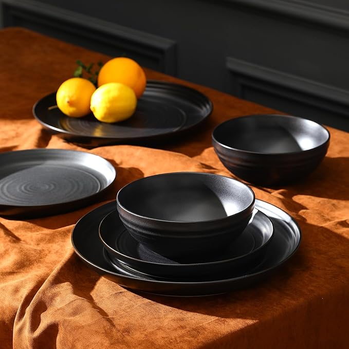 Stone Lain Elio 12-Piece Dinnerware Set Stoneware, Plates and Bowls Set, Dish Set for 4, Black
