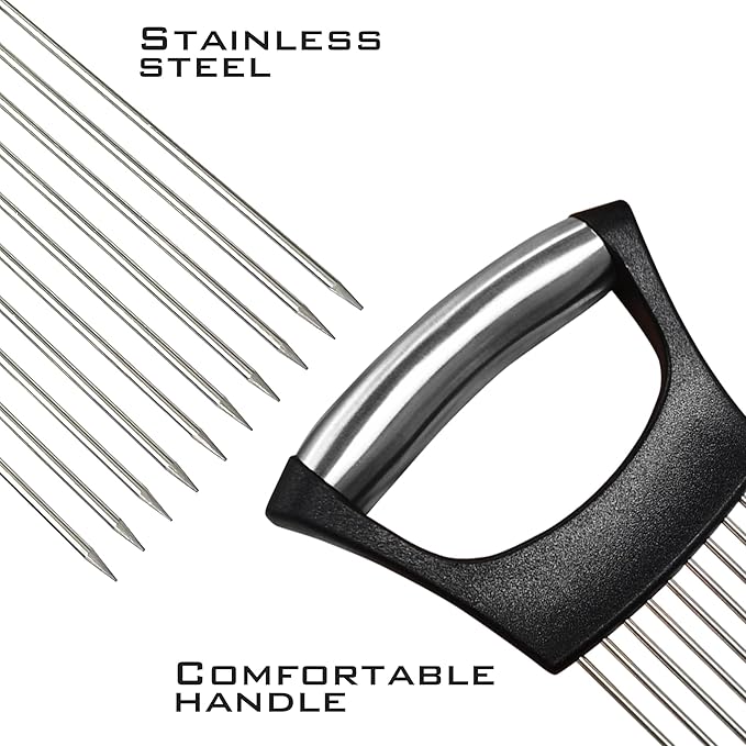 Stainless Steel Onion Slicer Holder – Multi-Purpose Kitchen Safety Tool for Onions|Potatoes|Tomatoes|Apples|Lemons Slicing, Ergonomic ABS Handle, Easy Clean, Uniform Slices, 2 PACK