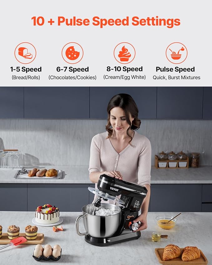 VEVOR Stand Mixer, 5QT Dough Mixer, 10+P Speeds Tilt-head Food Mixer, Kitchen Mixer with Stainless Steel Bowl, Dough Hook, Wire Whip, Beater, Scraper, Household Stand Mixer for Baking Mixing, Black