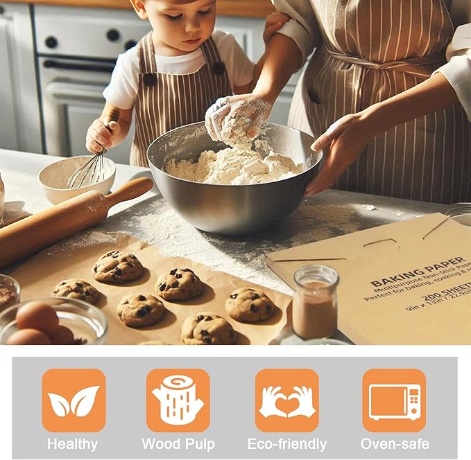KIDOFLY 200 Pcs 12x16 Inch Unbleached Precut Parchment Paper Baking Sheets – Non-Stick Baking Paper for Oven, Air Fryer, Grilling & Steaming, Heat Resistant Up to 450°F