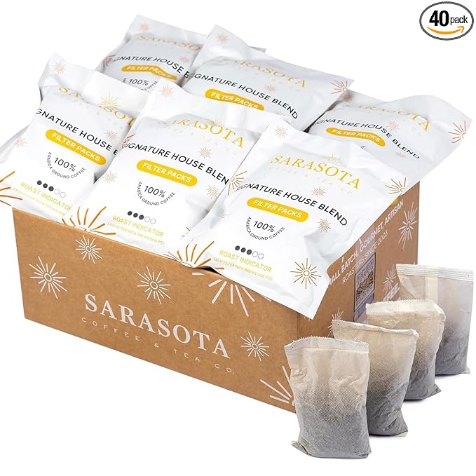 Ground Coffee In Filter Packs | Medium Roast Low Acid Mold Free Pouches | Signature House Breakfast Blend | Gourmet Bulk Packets for 10-12 Cup Drip Maker | Highest Rated Individual Premeasured Coffee