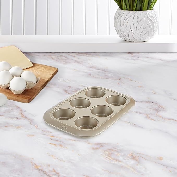 Berghoff Balance Nonstick 6 cup Cupcake/Muffin Baking Pan 2.5" x 1", Lightweight Carbon Steel, Ferno-Green, Non-toxic Coating Bakeware, Easy Food Release, Oven Safe Up To 450°F