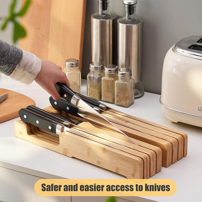 Bamboo Knife Block and In-Drawer Storage, Display Stand and Organizer, In-Drawer Knife Drawer Organizer Holds Up To 7 Knives and 1 Sharpener(Not Included)