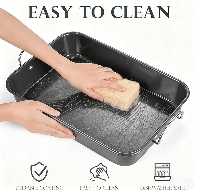 KITESSENSU Nonstick Roasting Pan with Rack 15 x 11 inch - Turkey Roaster Pan for Ovens - Wider Handles & Heavy Duty Construction, Gray