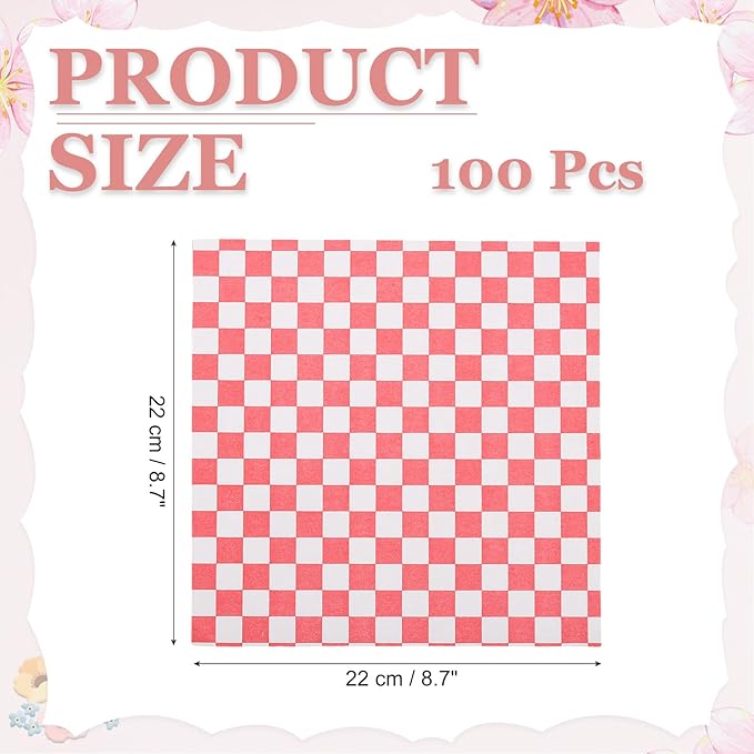 PATIKIL 8.7" x 8.7" Waxed Paper Sheets, 100Pcs Square Pattern Oil-absorbing Dry Food Wrapping Paper for Bakery Coffee Shop Home Baking Kitchen DIY, Red