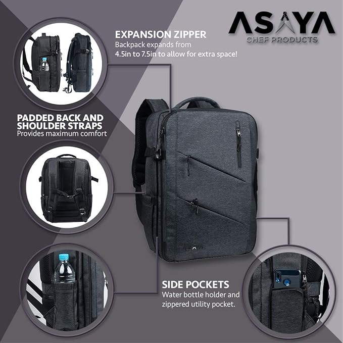 Asaya Chef Knife Backpack with 20 Pocket Knife Roll Bag - Over 30 Pockets for Knives - Knives Not Included (Black)