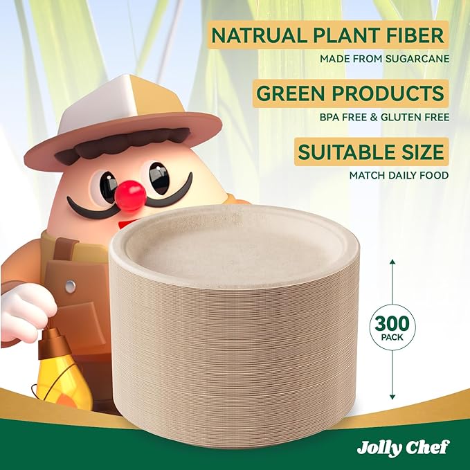 JOLLY CHEF Compostable Heavy Duty Plates 𝟭𝟬 𝗜𝗻𝗰𝗵 [𝟯𝟬𝟬 𝗣𝗮𝗰𝗸] Eco-Friendly Disposable Paper Plates Made of Bagasse Biodegradable Bulk for Party Dinner Sugarcane Thanksgiving Day (Natural)