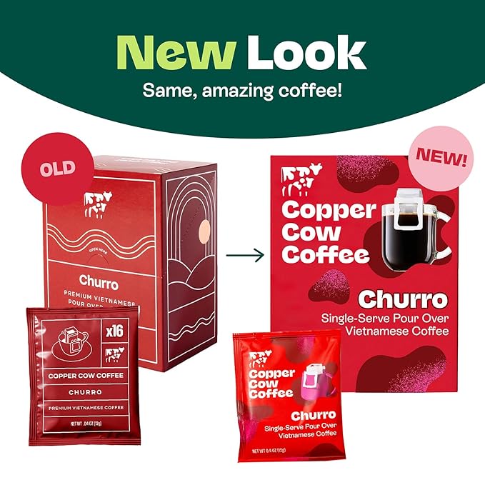 Copper Cow Coffee Premium Pour Over Single-Serve Vietnamese Coffee Pouches (8 pack) | Churro | Dark Roast | Flavored with Real Cinnamon | Convenient Vietnamese Ground Coffee Packets, Travel Friendly