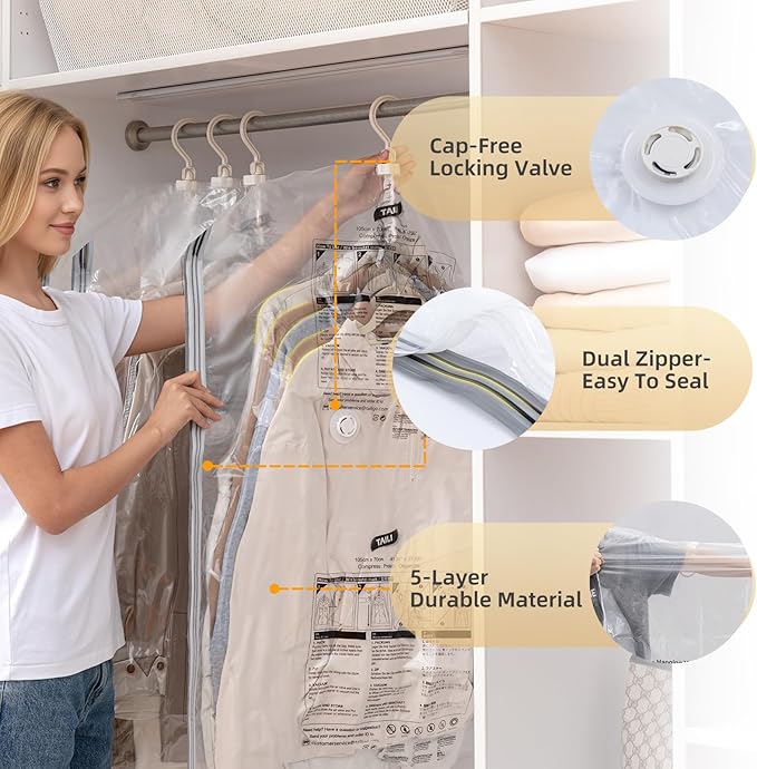 TAILI Hanging Vacuum Sealer Storage Space Saver Bags for Clothes, Suits, Coats or Jackets, 4 Pack Jumbo 53x27.6 Inches, Clear