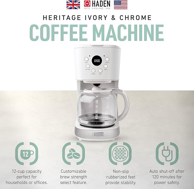 HADEN Coffee Machine, 12 Cup Programmable Drip Coffee Maker, Ivory & Chrome