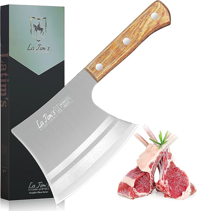 LA TIM'S Meat Cleaver Knife, 2 lb Heavy Duty Cleaver with Hand Forged High Carbon Steel, Butcher Knife for Chopping Bones, Solid Wood Handle