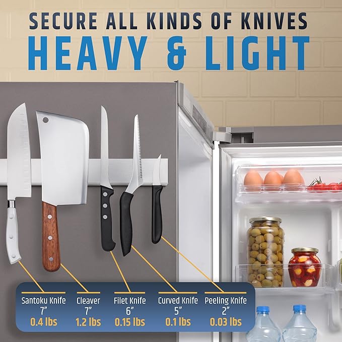 12" Premium Magnetic Knife Holder for Refrigerator (Double-Sided Heavy-Duty Magnets) - Upgraded Strip for Strong Fridge Mount - Clear Up Counter Space - 304 Anti-Rust Stainless Steel (Upgraded Design)