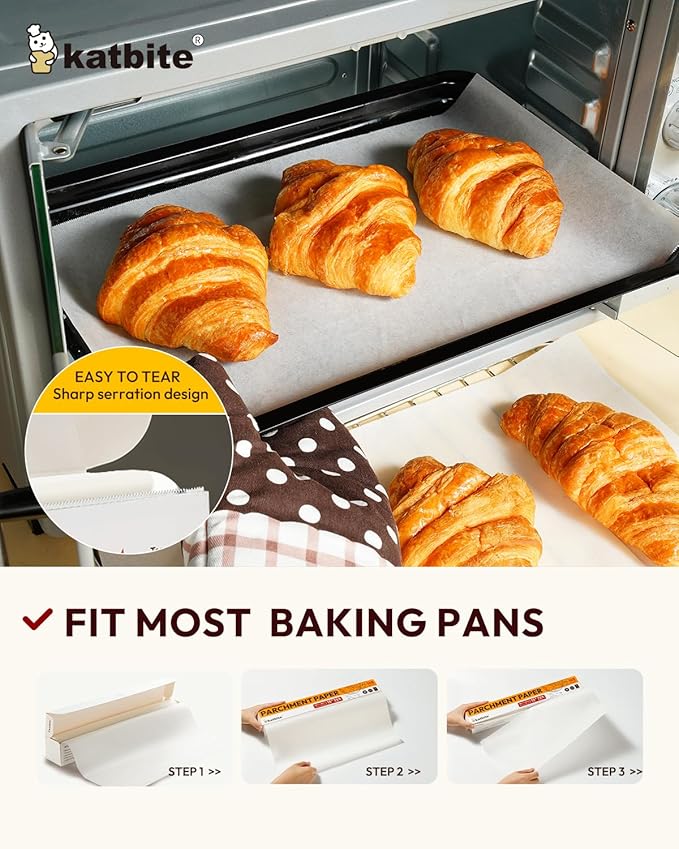 Katbite Parchment Paper Roll 15in x 115ft, White Pachment Baking Paper Roll 145 Sq.Ft, Non-Stick and Extra Longer Parchment Paper with Portable Serrated Cutter for Baking,Cooking,Space-saving