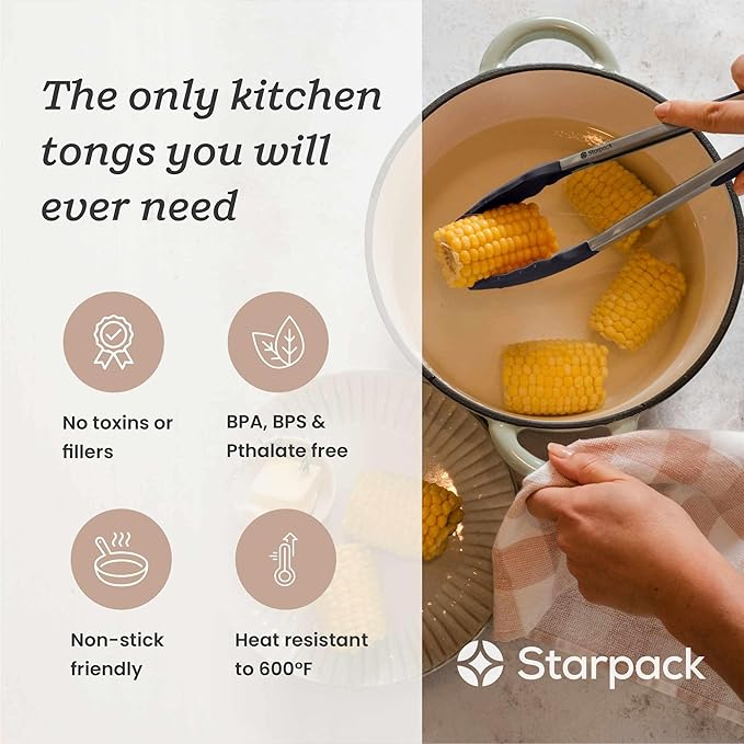 StarPack Premium Silicone Kitchen Tongs 12-Inch - Stainless Steel with Non-Stick Silicone Tips, High Heat Resistant to 600°F, For Cooking, Serving, Grill, BBQ & Salad (Gray Black)